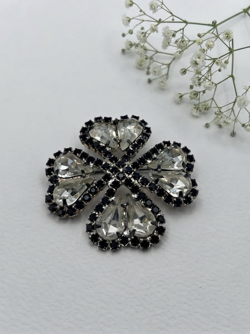 Vintage Clear & Black Rhinestone Four Leaf Lucky Clover Brooch
